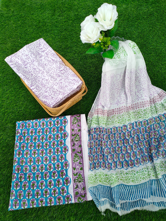Hand Block Printed Chiffon Dupatta Salwar Suit Set - JBOCF70