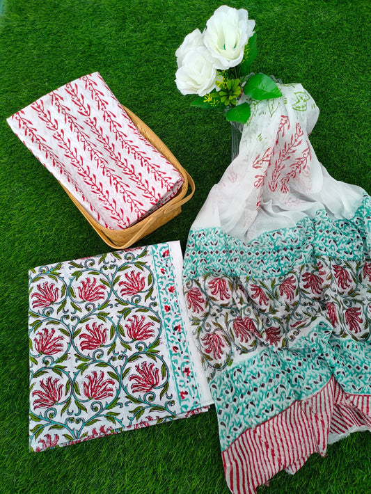 Hand Block Printed Chiffon Dupatta Salwar Suit Set - JBOCF71