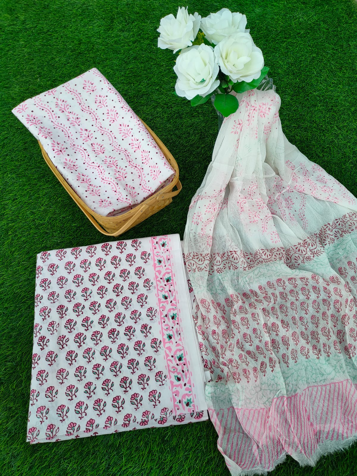 Hand Block Printed Chiffon Dupatta Salwar Suit Set - JBOCF73