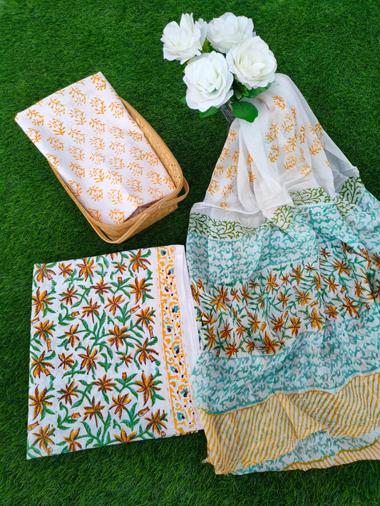 Hand Block Printed Chiffon Dupatta Salwar Suit Set - JBOCF79