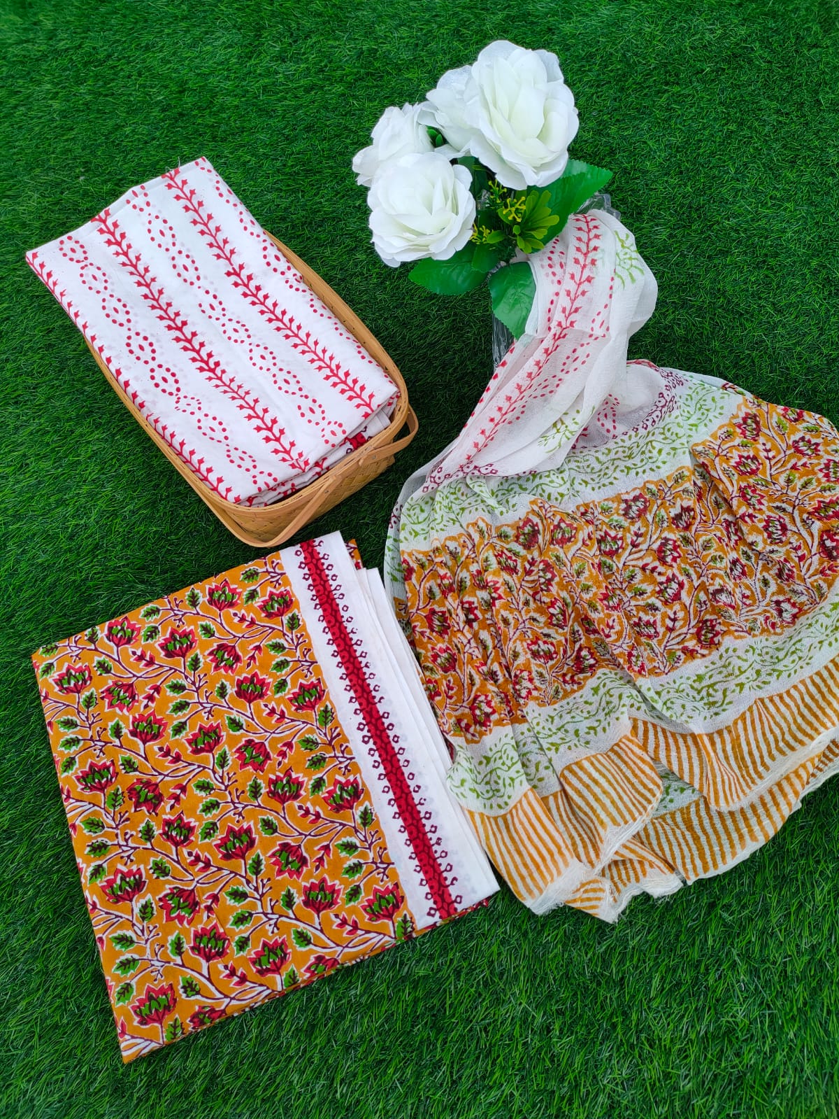 Hand Block Printed Chiffon Dupatta Salwar Suit Set - JBOCF8