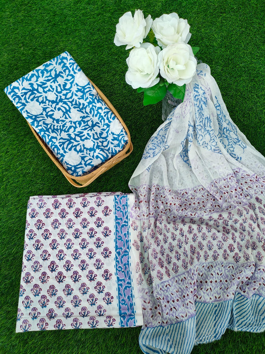 Hand Block Printed Chiffon Dupatta Salwar Suit Set - JBOCF80