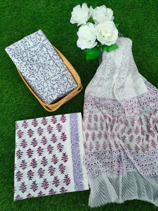 Hand Block Printed Chiffon Dupatta Salwar Suit Set - JBOCF81