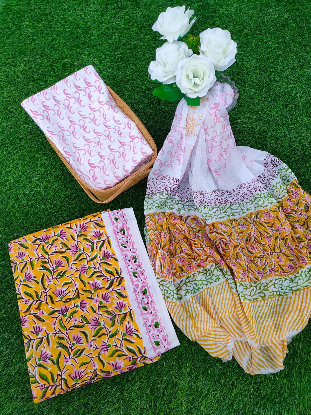 Hand Block Printed Chiffon Dupatta Salwar Suit Set - JBOCF9