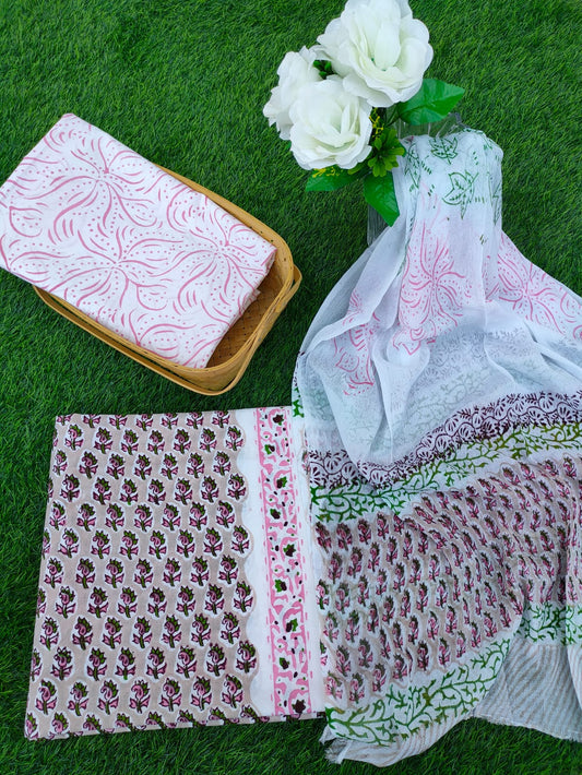Hand Block Printed Chiffon Dupatta Salwar Suit Set - JBOCF85