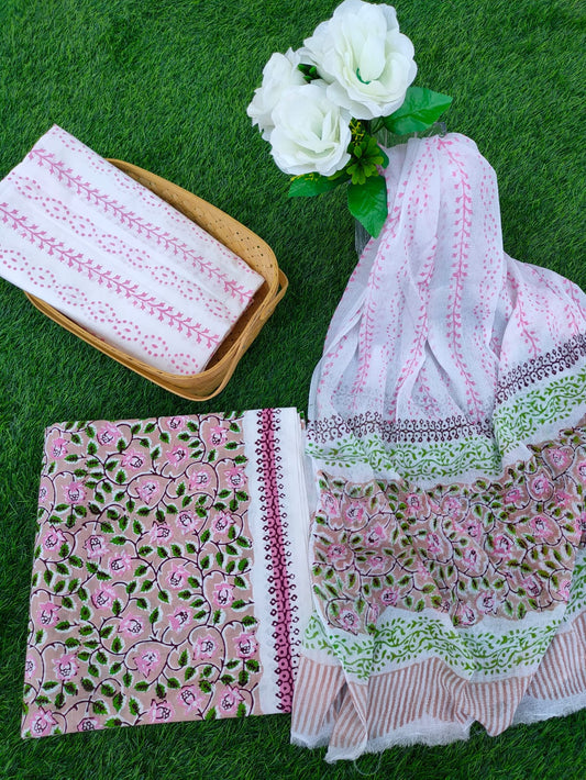 Hand Block Printed Chiffon Dupatta Salwar Suit Set - JBOCF187