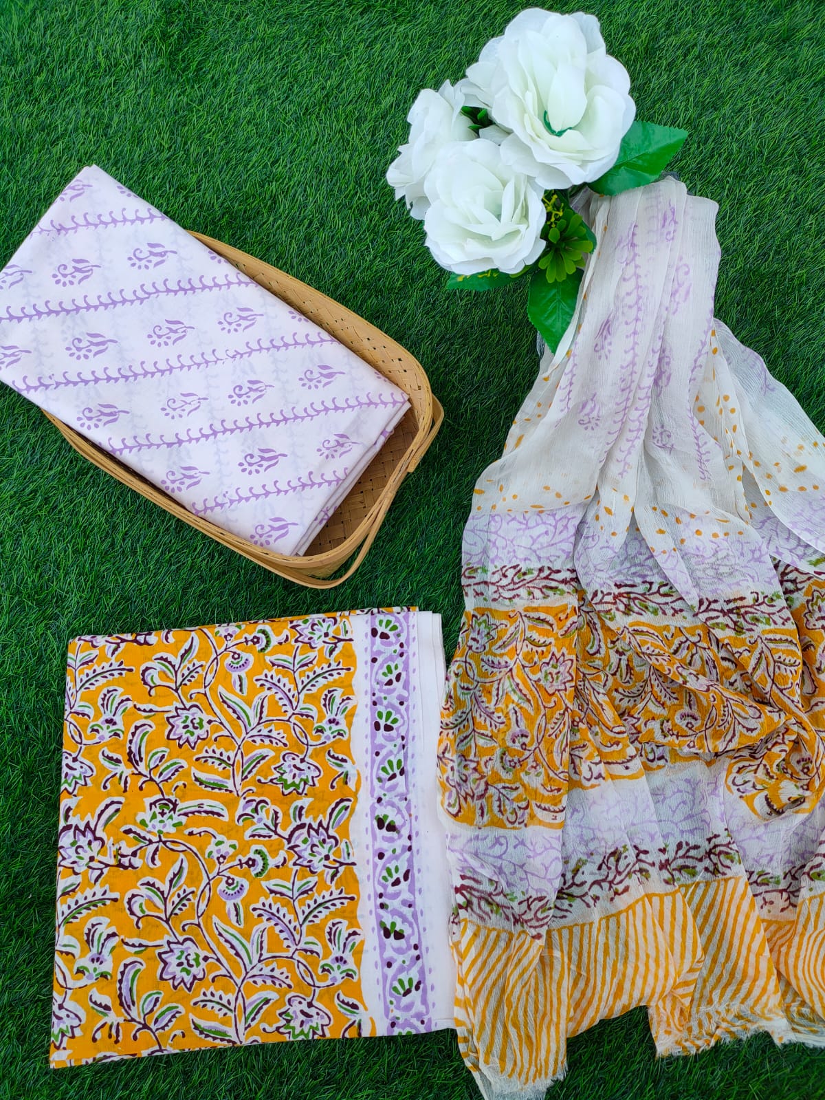 Hand Block Printed Chiffon Dupatta Salwar Suit Set - JBOCF188