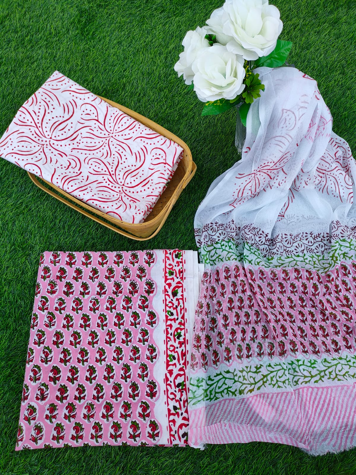 Hand Block Printed Chiffon Dupatta Salwar Suit Set - JBOCF191