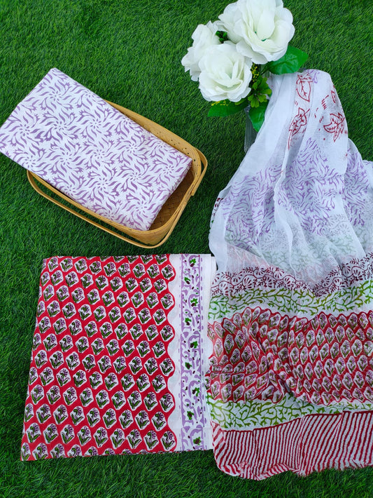 Hand Block Printed Chiffon Dupatta Salwar Suit Set - JBOCF98