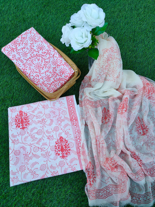 Hand Block Printed Chiffon Dupatta Salwar Suit Set - JBOCF99