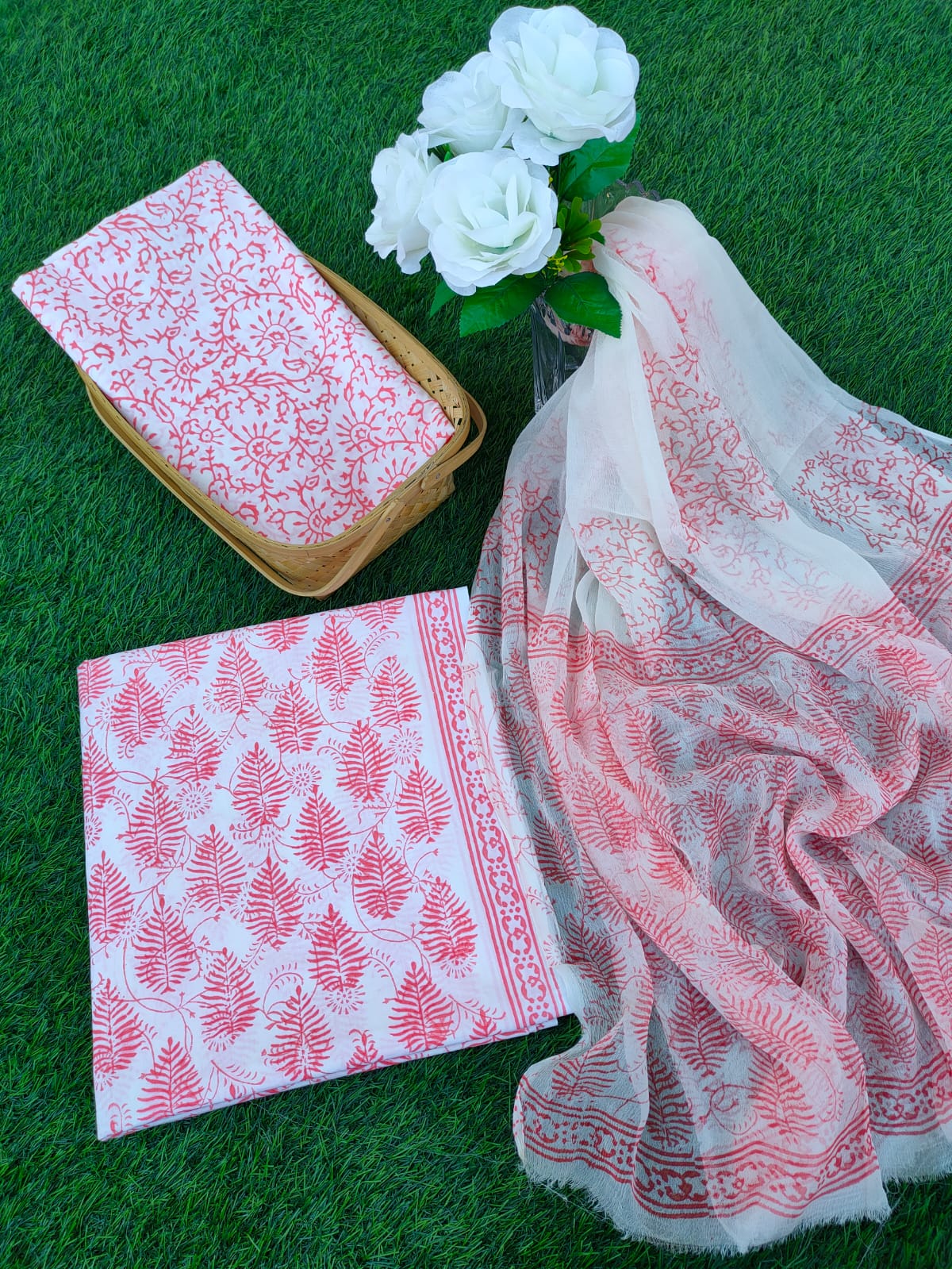 Hand Block Printed Chiffon Dupatta Salwar Suit Set - JBOCF102