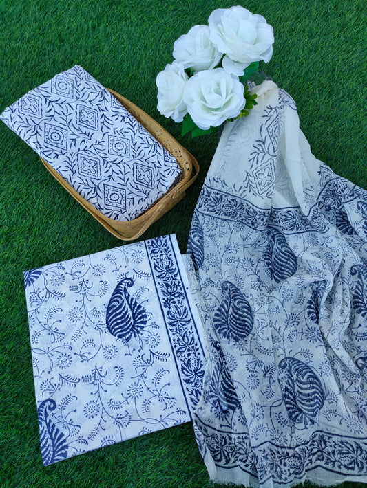 Hand Block Printed Chiffon Dupatta Salwar Suit Set - JBOCF104
