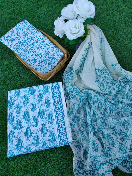 Hand Block Printed Chiffon Dupatta Salwar Suit Set - JBOCF105