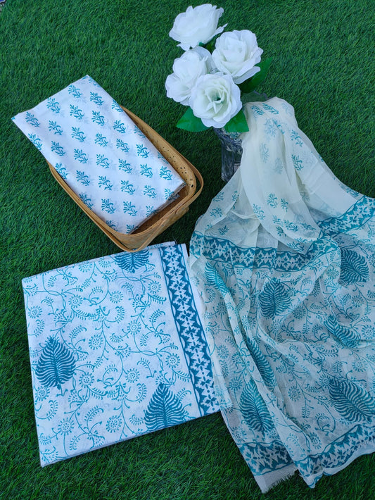 Hand Block Printed Chiffon Dupatta Salwar Suit Set - JBOCF107