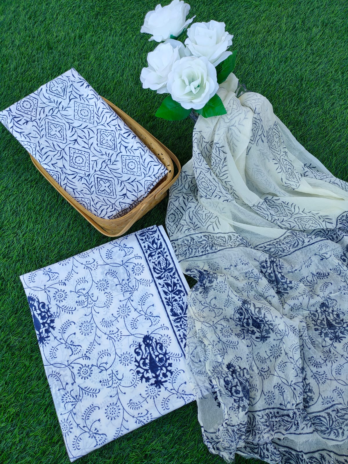 Hand Block Printed Chiffon Dupatta Salwar Suit Set - JBOCF111