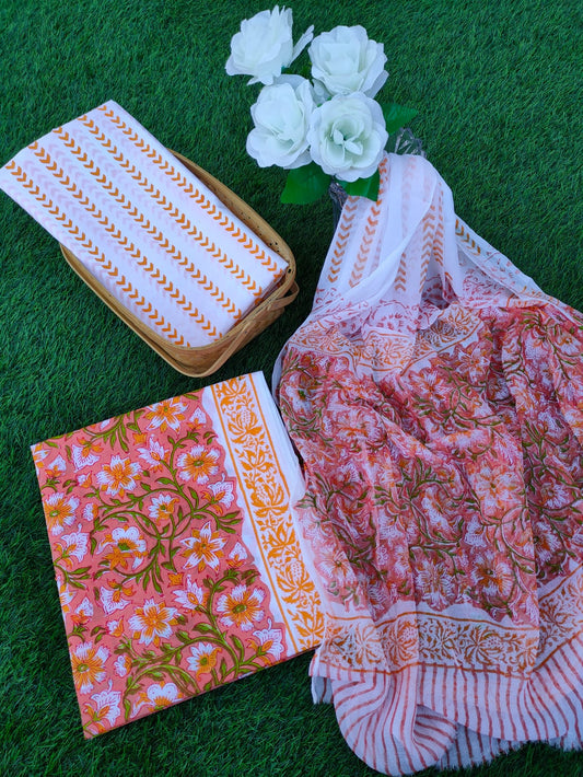 Hand Block Printed Chiffon Dupatta Salwar Suit Set - JBOCF113