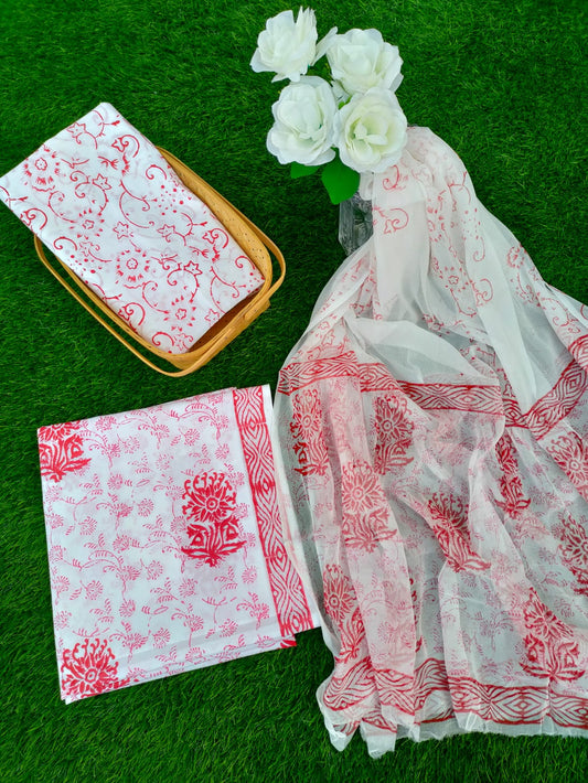 Hand Block Printed Chiffon Dupatta Salwar Suit Set - JBOCF117