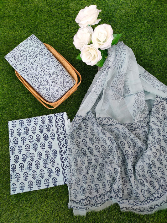 Hand Block Printed Chiffon Dupatta Salwar Suit Set - JBOCF118