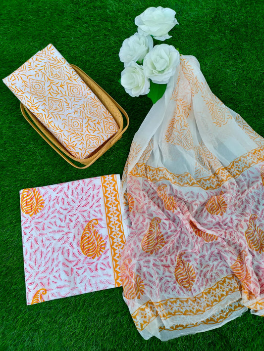 Hand Block Printed Chiffon Dupatta Salwar Suit Set - JBOCF121