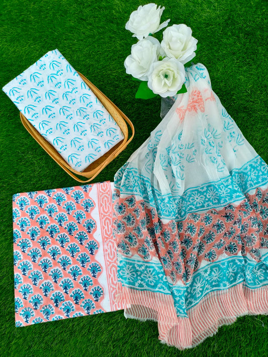 Hand Block Printed Chiffon Dupatta Salwar Suit Set - JBOCF122