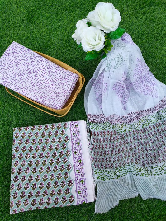 Hand Block Printed Chiffon Dupatta Salwar Suit Set - JBOCF88
