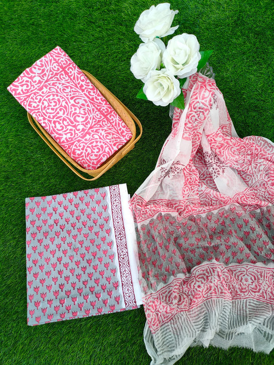 Hand Block Printed Chiffon Dupatta Salwar Suit Set - JBOCF124