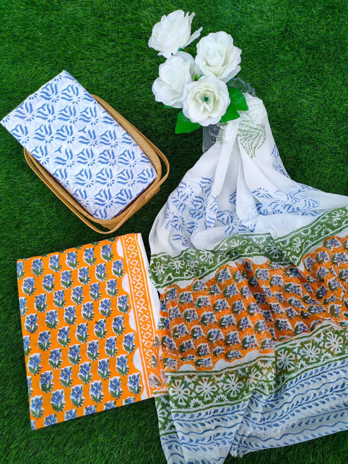 Hand Block Printed Chiffon Dupatta Salwar Suit Set - JBOCF125