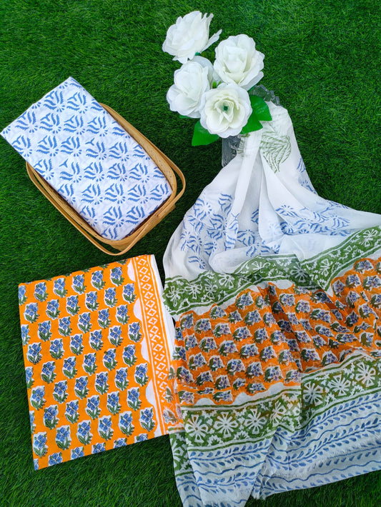 Hand Block Printed Chiffon Dupatta Salwar Suit Set - JBOCF125