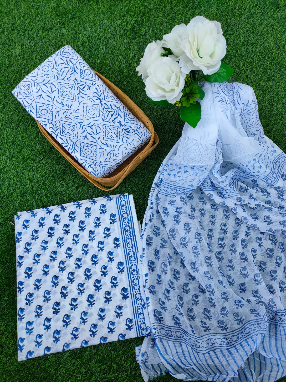 Hand Block Printed Chiffon Dupatta Salwar Suit Set - JBOCF126