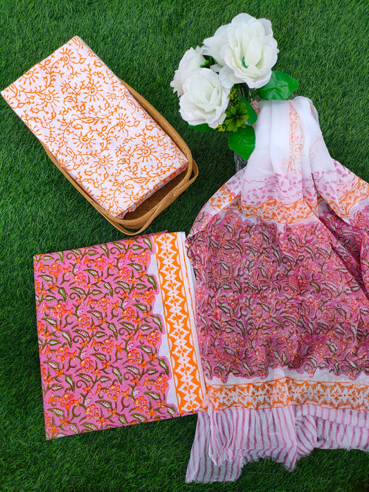 Hand Block Printed Chiffon Dupatta Salwar Suit Set - JBOCF127