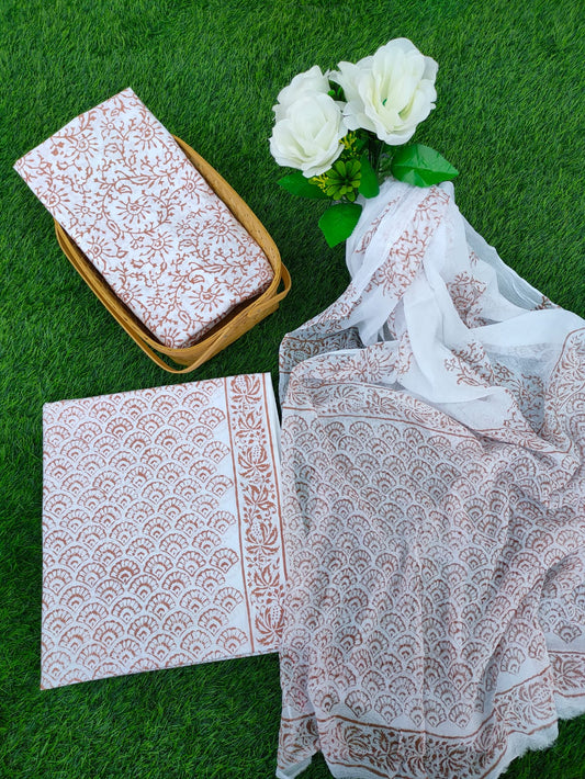 Hand Block Printed Chiffon Dupatta Salwar Suit Set - JBOCF128