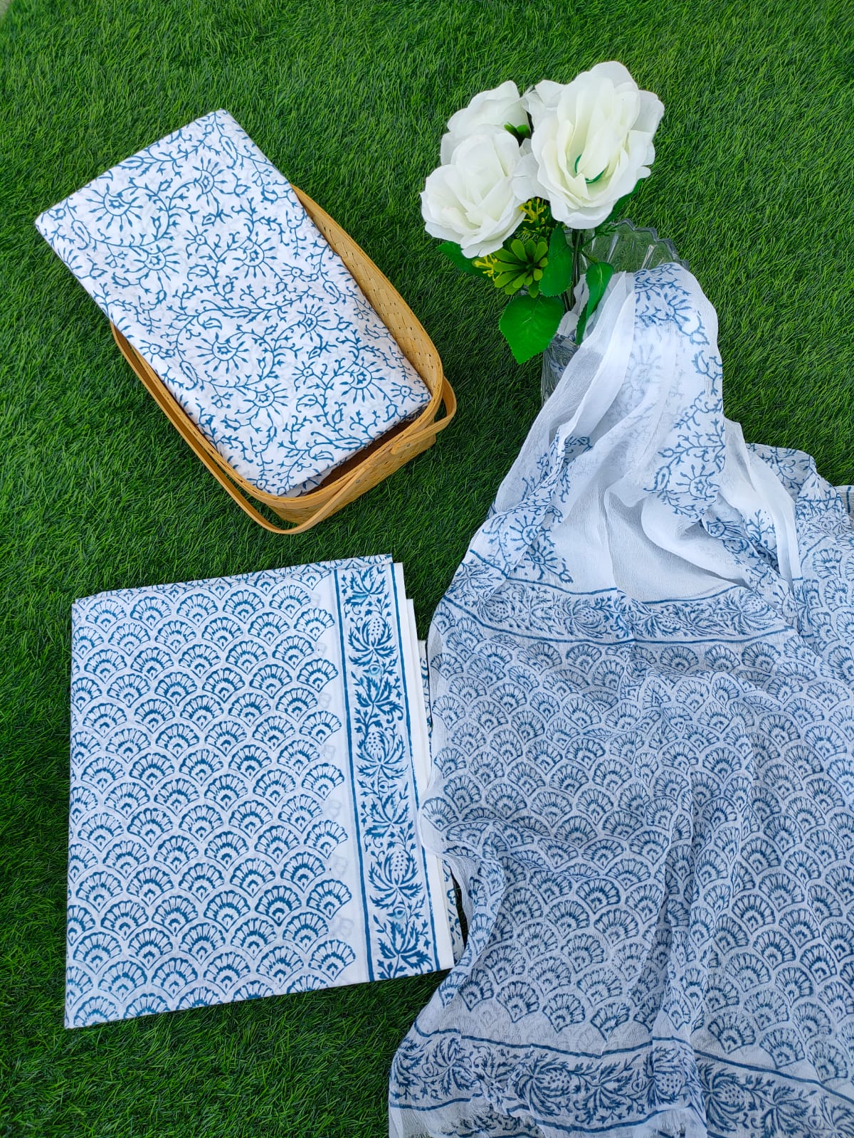 Hand Block Printed Chiffon Dupatta Salwar Suit Set - JBOCF129