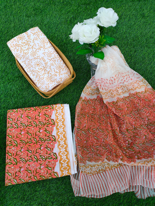 Hand Block Printed Chiffon Dupatta Salwar Suit Set - JBOCF131