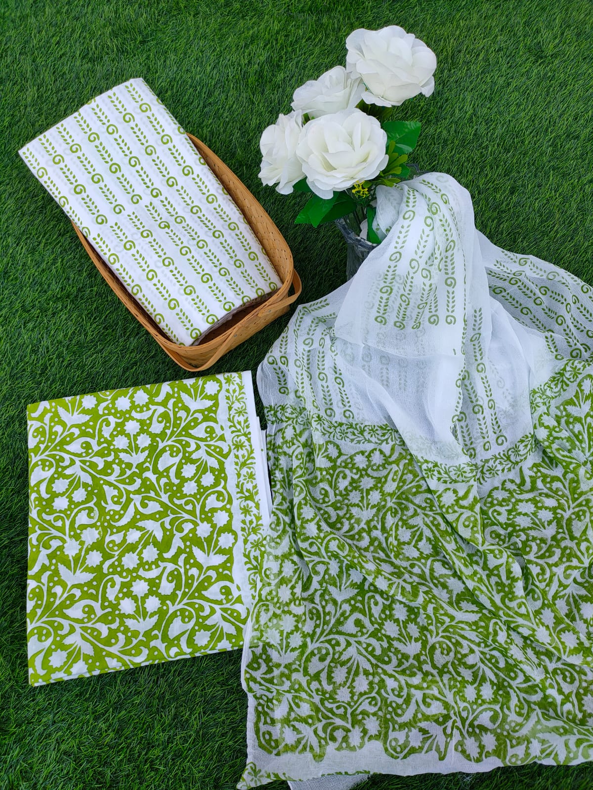 Hand Block Printed Chiffon Dupatta Salwar Suit Set - JBOCF132