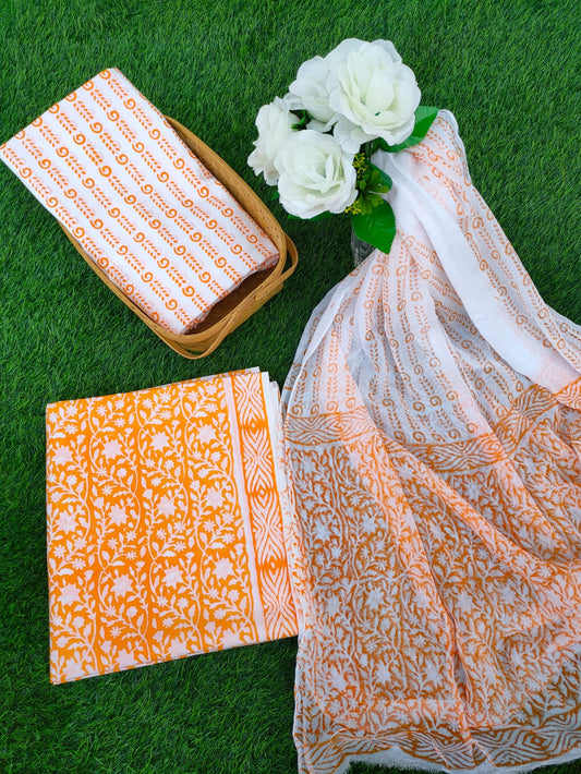 Hand Block Printed Chiffon Dupatta Salwar Suit Set - JBOCF133