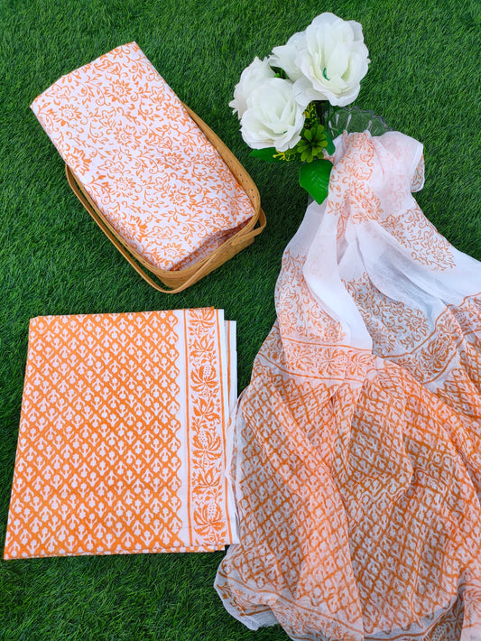 Hand Block Printed Chiffon Dupatta Salwar Suit Set - JBOCF139