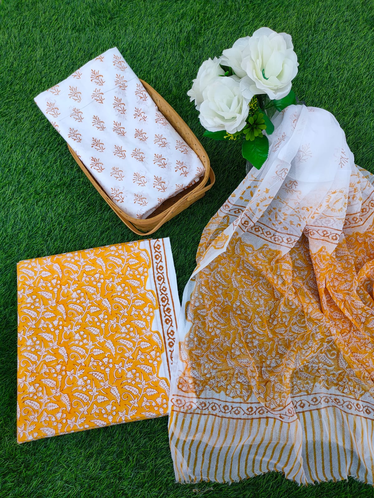 Hand Block Printed Chiffon Dupatta Salwar Suit Set - JBOCF141