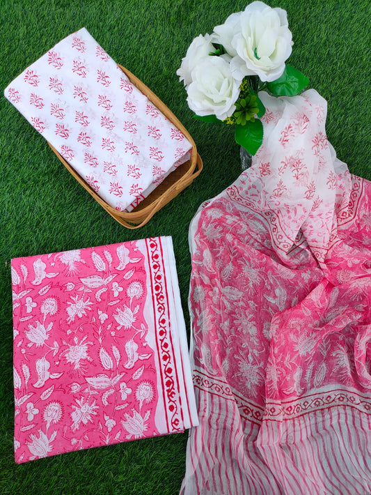 Hand Block Printed Chiffon Dupatta Salwar Suit Set - JBOCF142