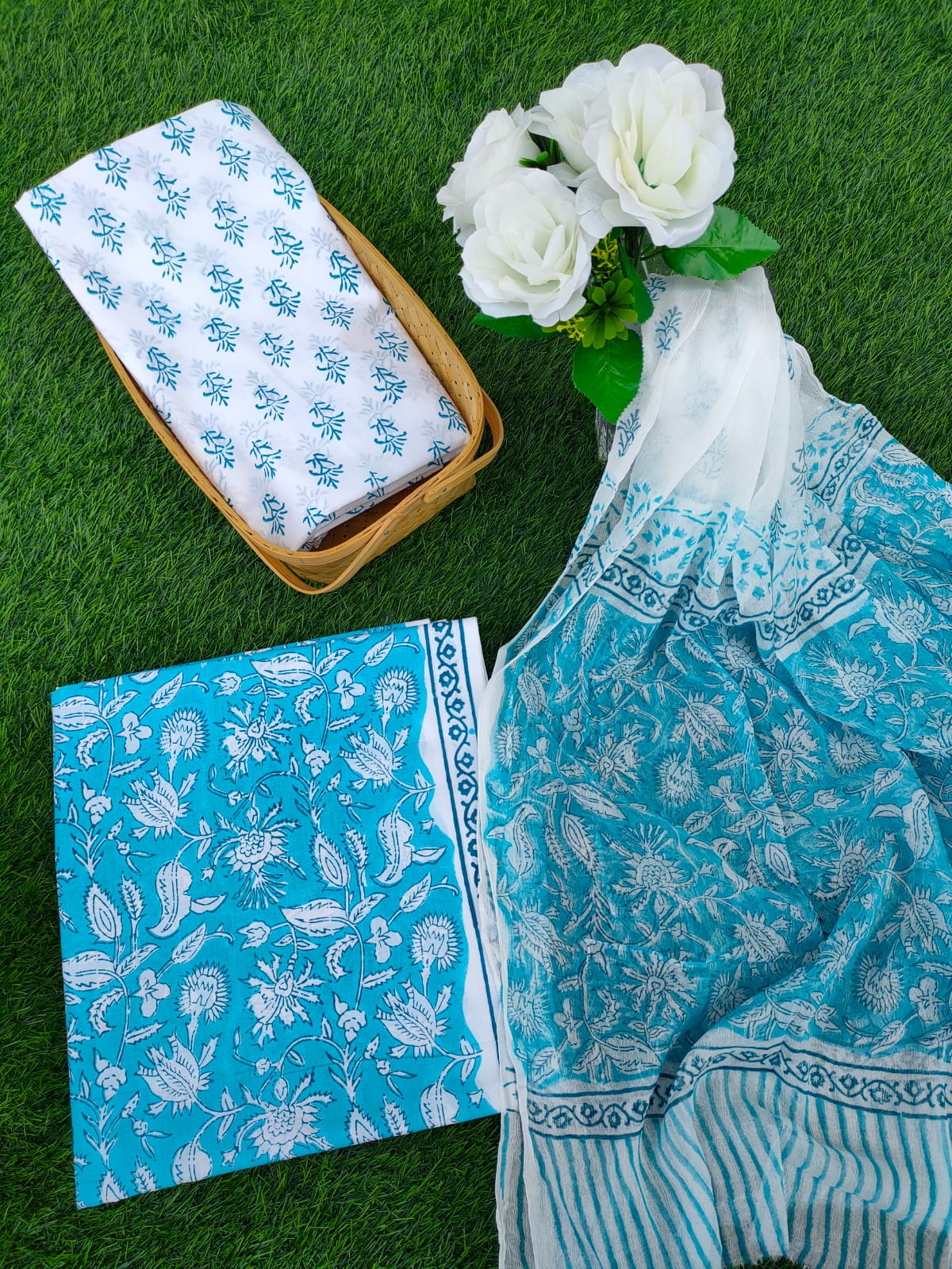 Hand Block Printed Chiffon Dupatta Salwar Suit Set - JBOCF152