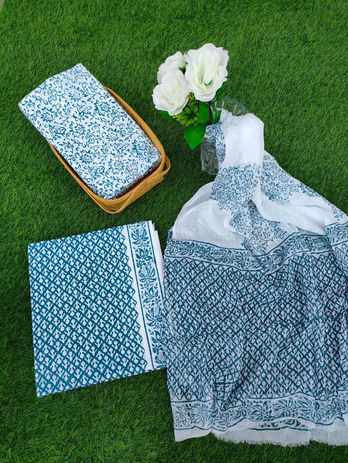 Hand Block Printed Chiffon Dupatta Salwar Suit Set - JBOCF156