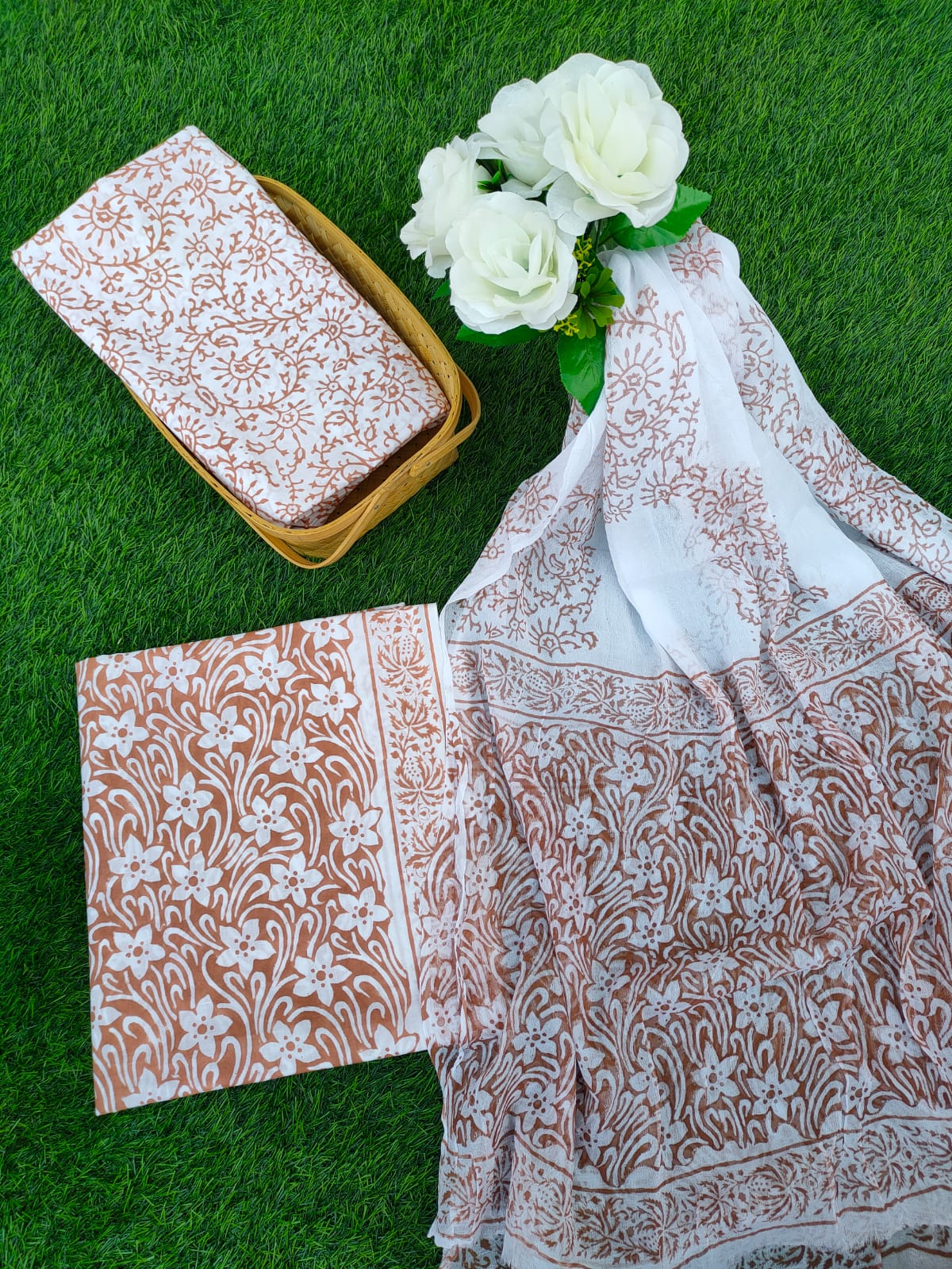 Hand Block Printed Chiffon Dupatta Salwar Suit Set - JBOCF160