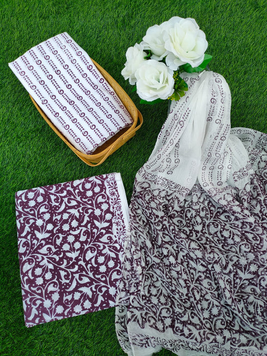 Hand Block Printed Chiffon Dupatta Salwar Suit Set - JBOCF161