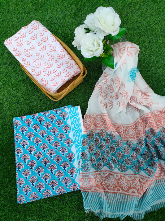 Hand Block Printed Chiffon Dupatta Salwar Suit Set - JBOCF162