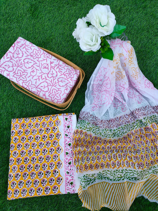 Hand Block Printed Chiffon Dupatta Salwar Suit Set - JBOCF92