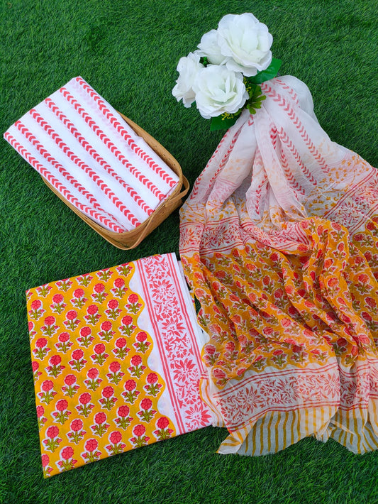 Hand Block Printed Chiffon Dupatta Salwar Suit Set - JBOCF164