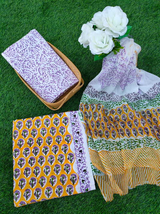 Hand Block Printed Chiffon Dupatta Salwar Suit Set - JBOCF167