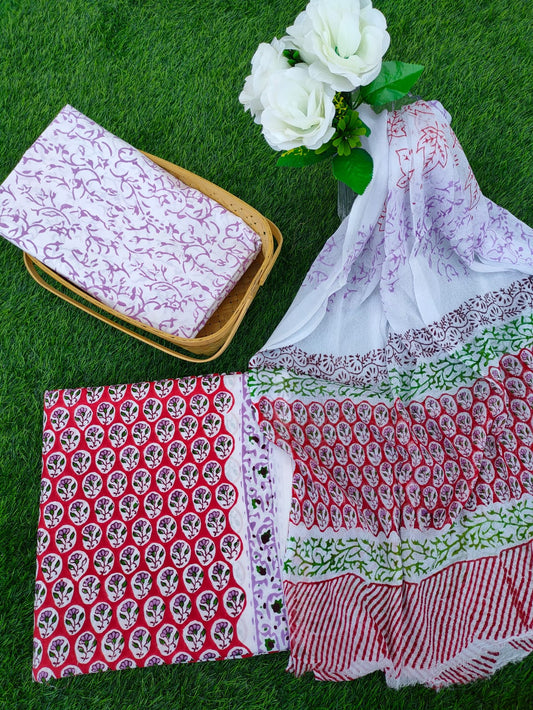 Hand Block Printed Chiffon Dupatta Salwar Suit Set - JBOCF93