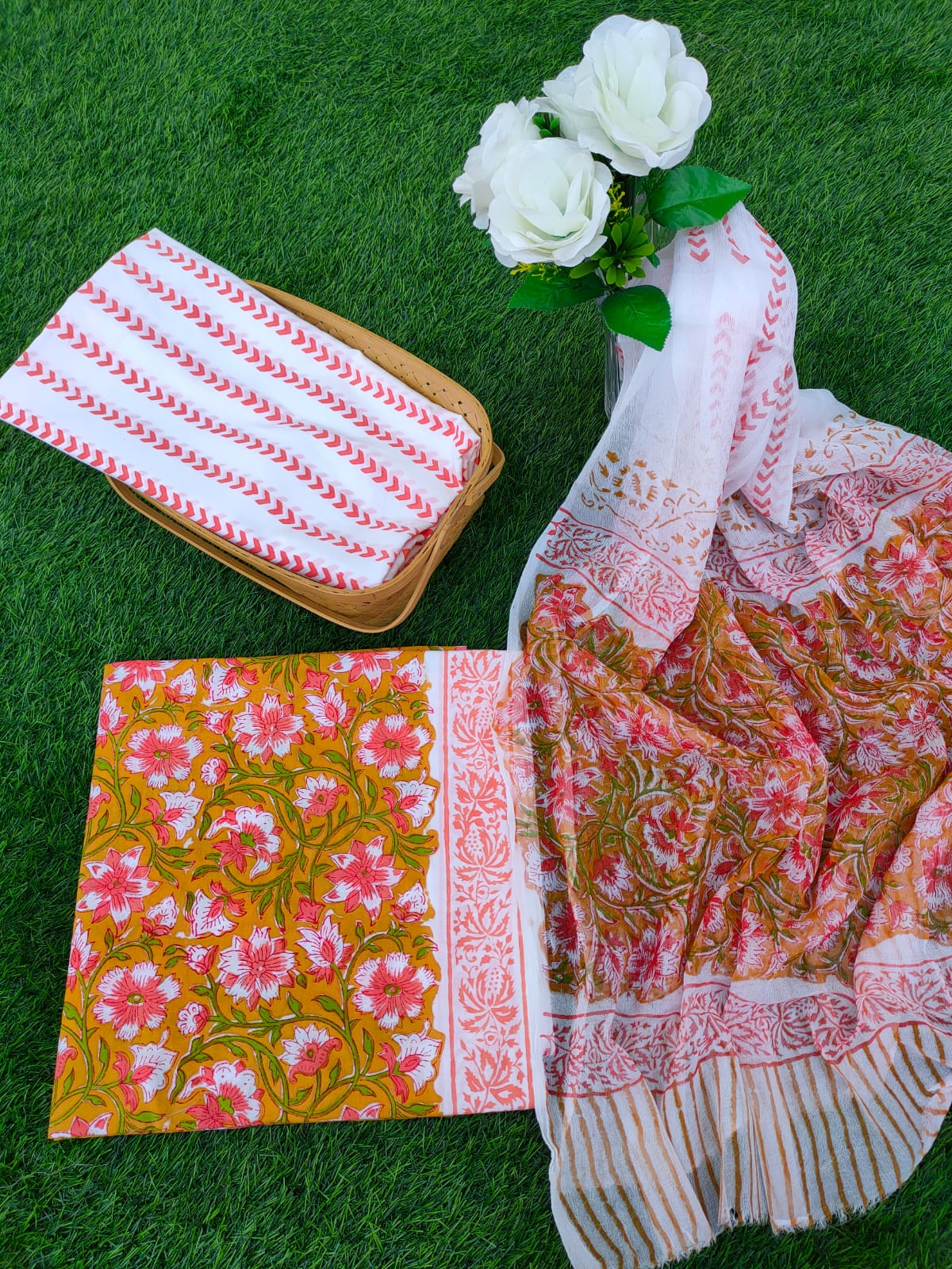 Hand Block Printed Chiffon Dupatta Salwar Suit Set - JBOCF176