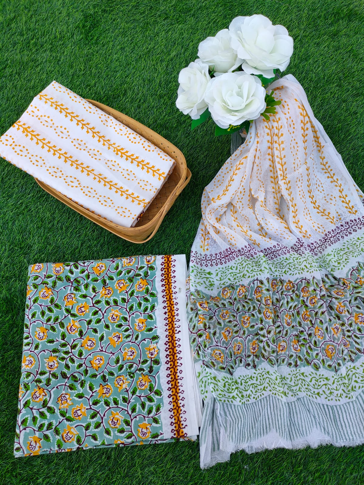 Hand Block Printed Chiffon Dupatta Salwar Suit Set - JBOCF178