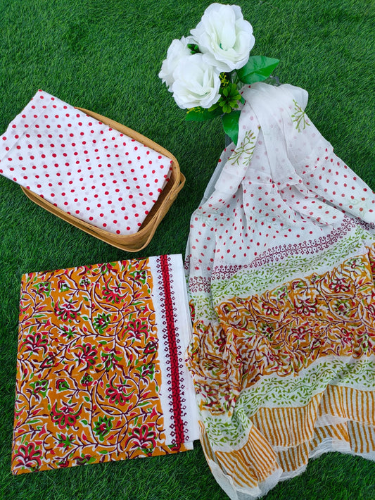 Hand Block Printed Chiffon Dupatta Salwar Suit Set - JBOCF179